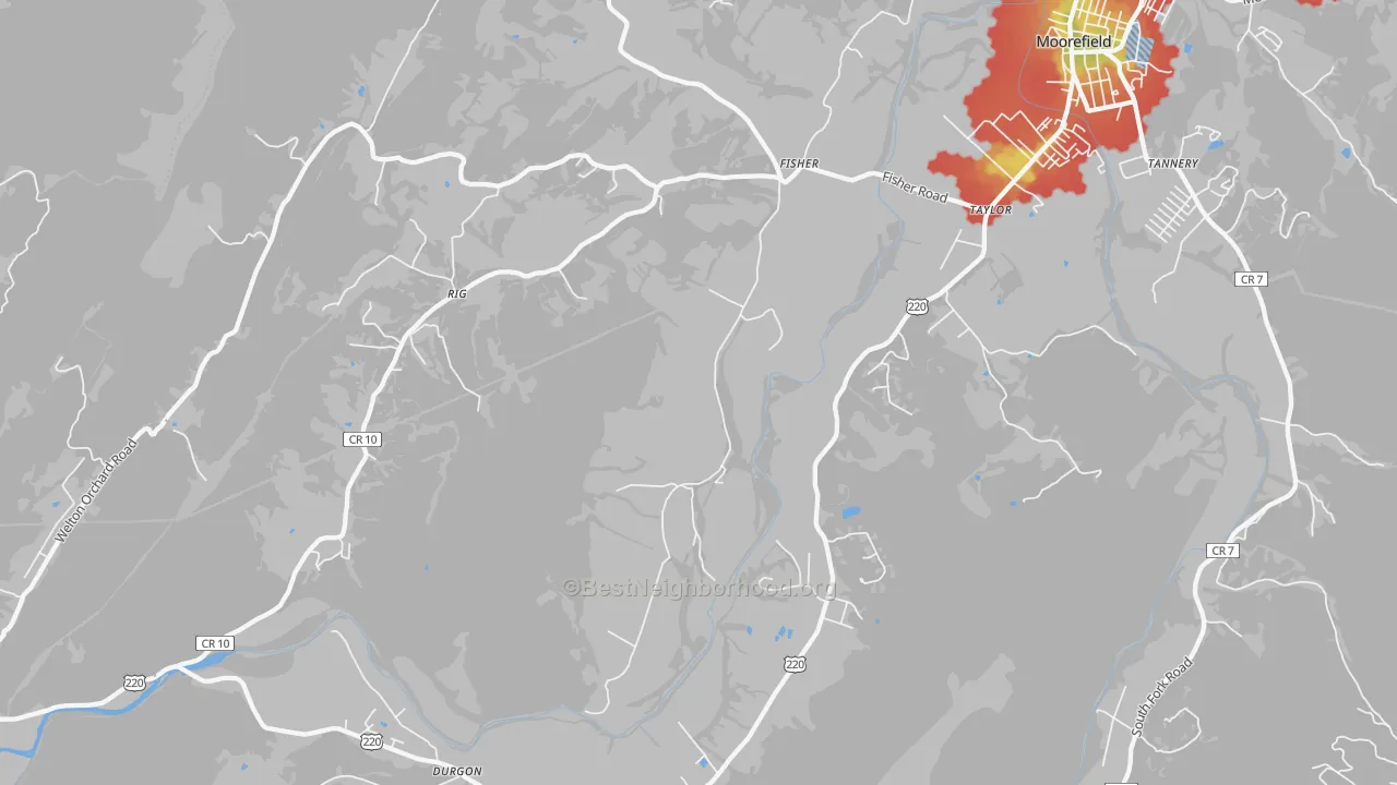 Walk Grade map of Fisher, WV, walkable areas in green and car-dependent areas in red
