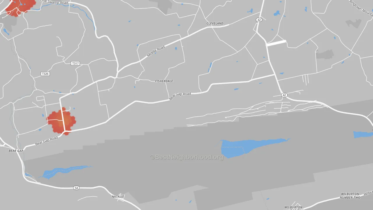 Walk Grade map of Fisherdale, PA, walkable areas in green and car-dependent areas in red