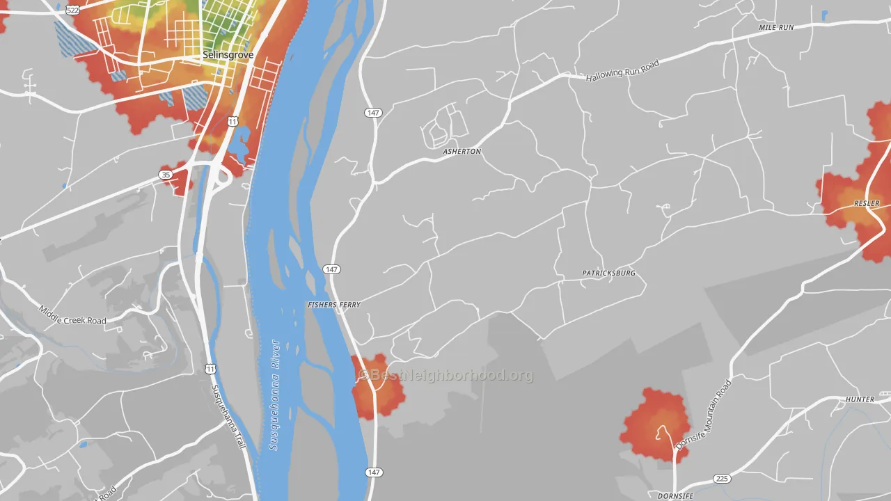 Walk Grade map of Fishers Ferry, PA, walkable areas in green and car-dependent areas in red