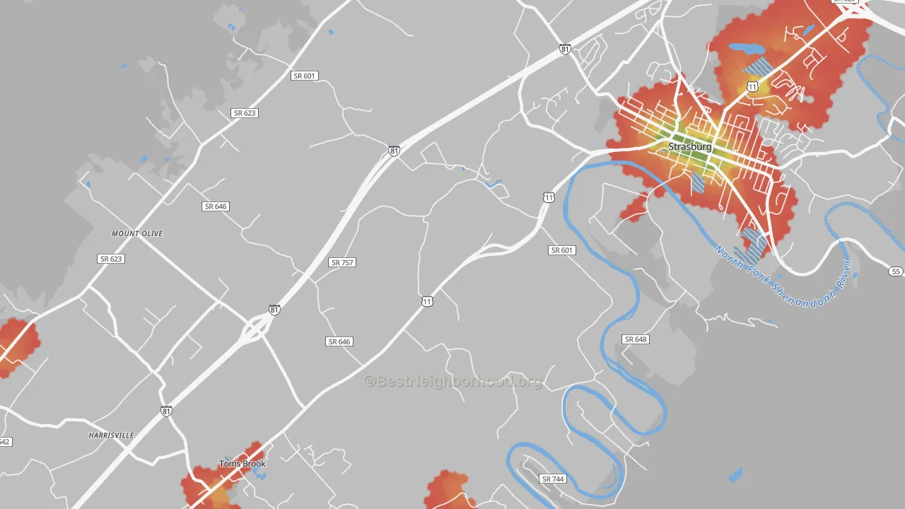 Walk Grade map of Fishers Hill, VA, walkable areas in green and car-dependent areas in red