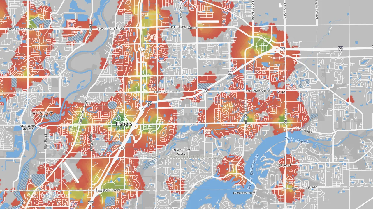 Walk Grade map of Fishers, IN, walkable areas in green and car-dependent areas in red