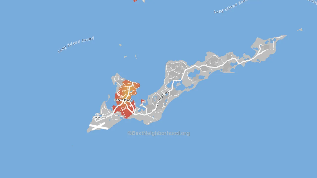 Walk Grade map of Fishers Island, NY, walkable areas in green and car-dependent areas in red