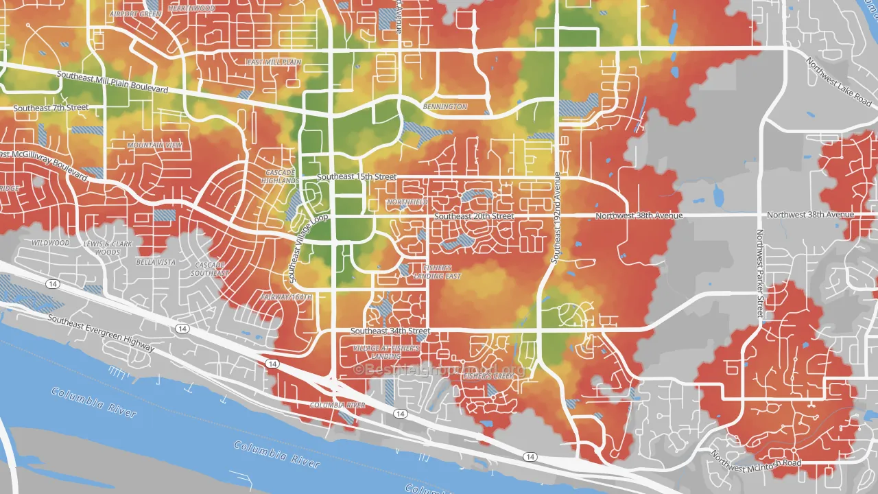 Walk Grade map of Fishers Landing East, Vancouver, WA, walkable areas in green and car-dependent areas in red