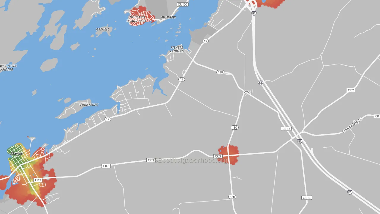 Walk Grade map of Fishers Landing, NY, walkable areas in green and car-dependent areas in red