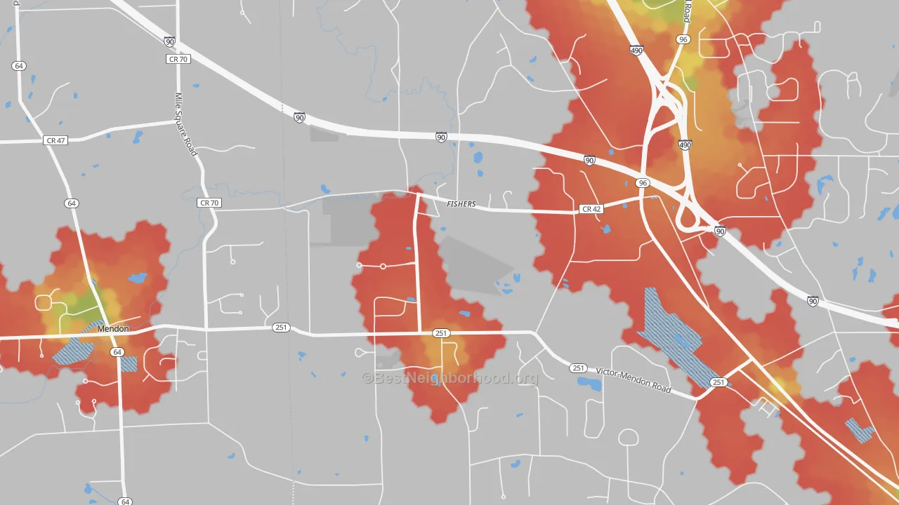 Walk Grade map of Fishers, NY, walkable areas in green and car-dependent areas in red