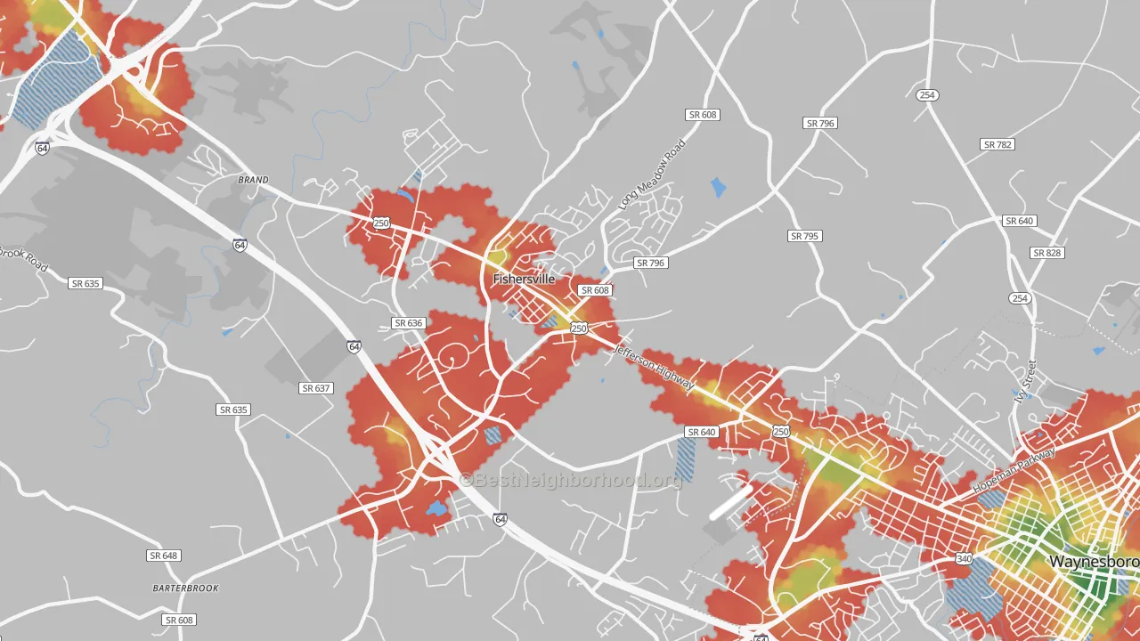Walk Grade map of Fishersville, VA, walkable areas in green and car-dependent areas in red
