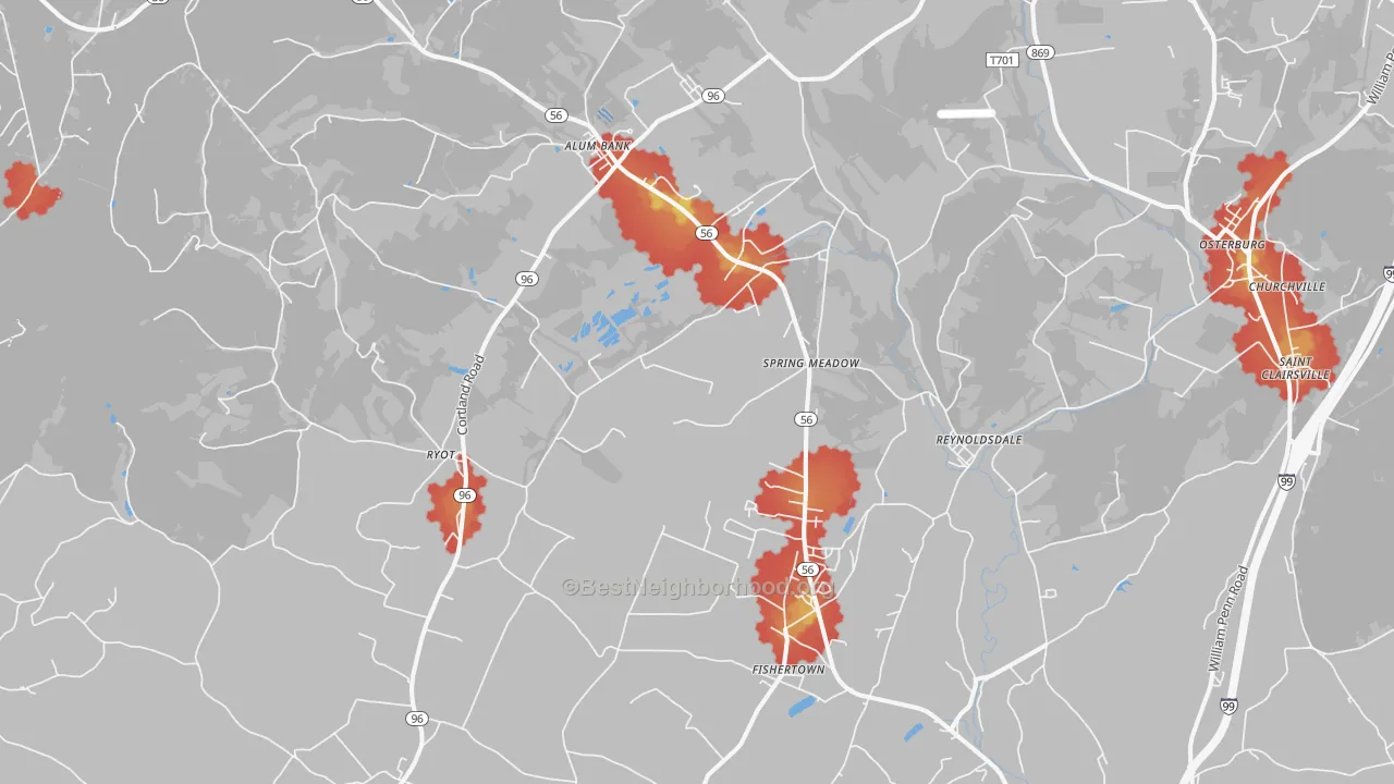 Walk Grade map of Fishertown, PA, walkable areas in green and car-dependent areas in red