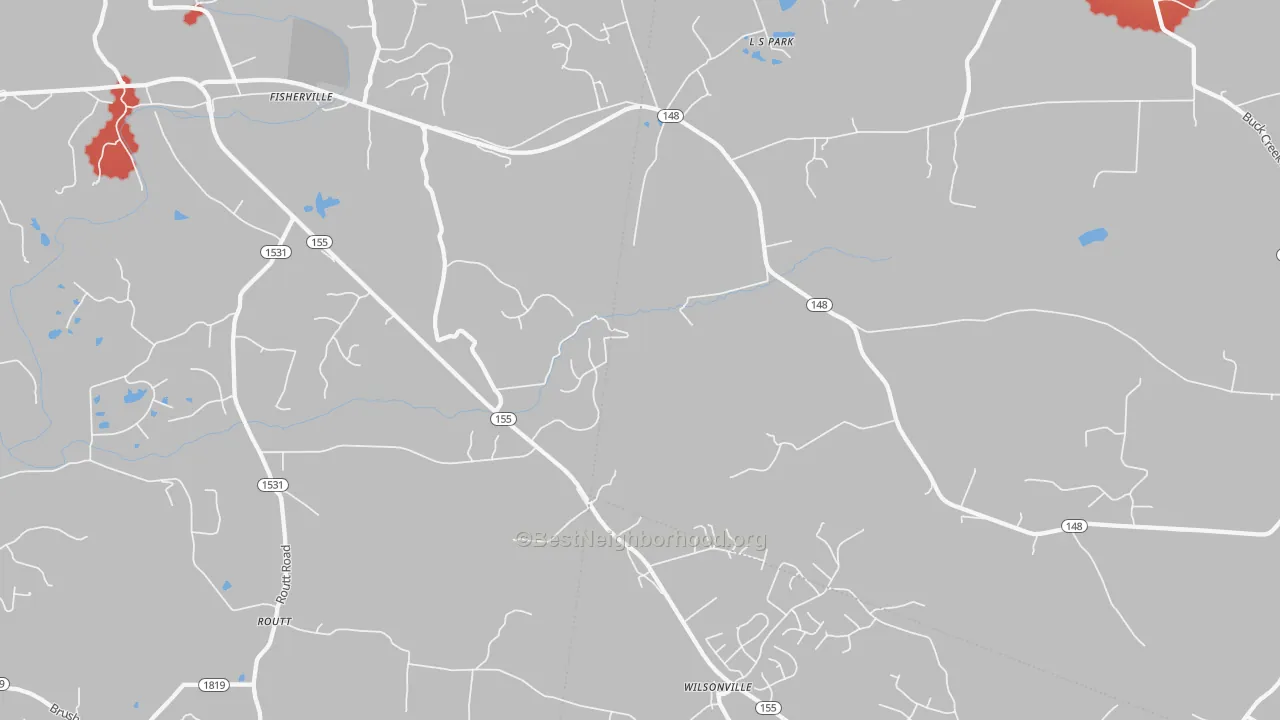 Walk Grade map of Fisherville, KY, walkable areas in green and car-dependent areas in red