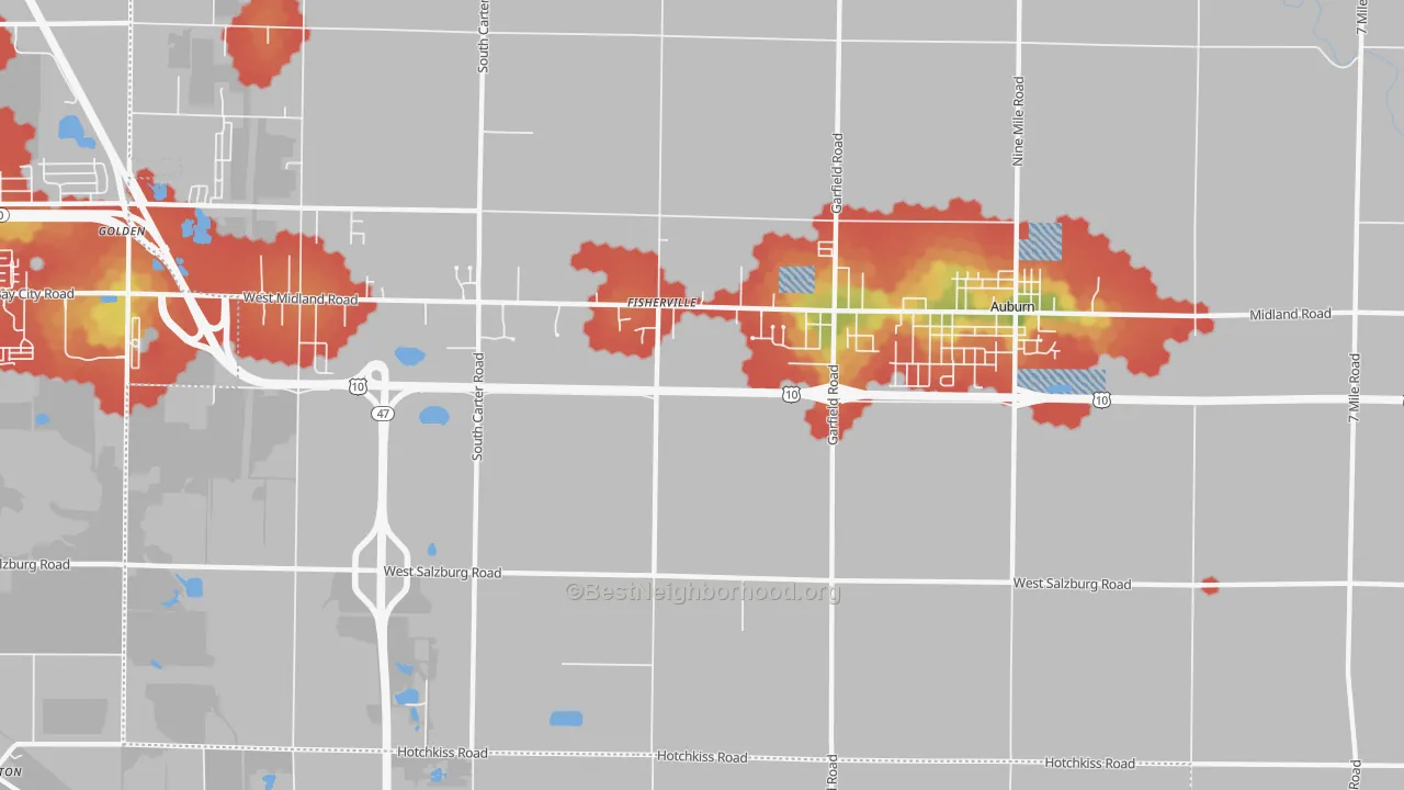 Walk Grade map of Fisherville, MI, walkable areas in green and car-dependent areas in red