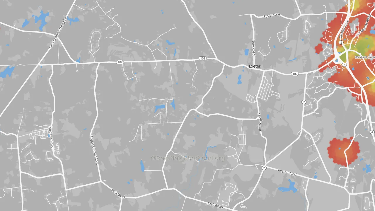 Walk Grade map of Fisherville, RI, walkable areas in green and car-dependent areas in red