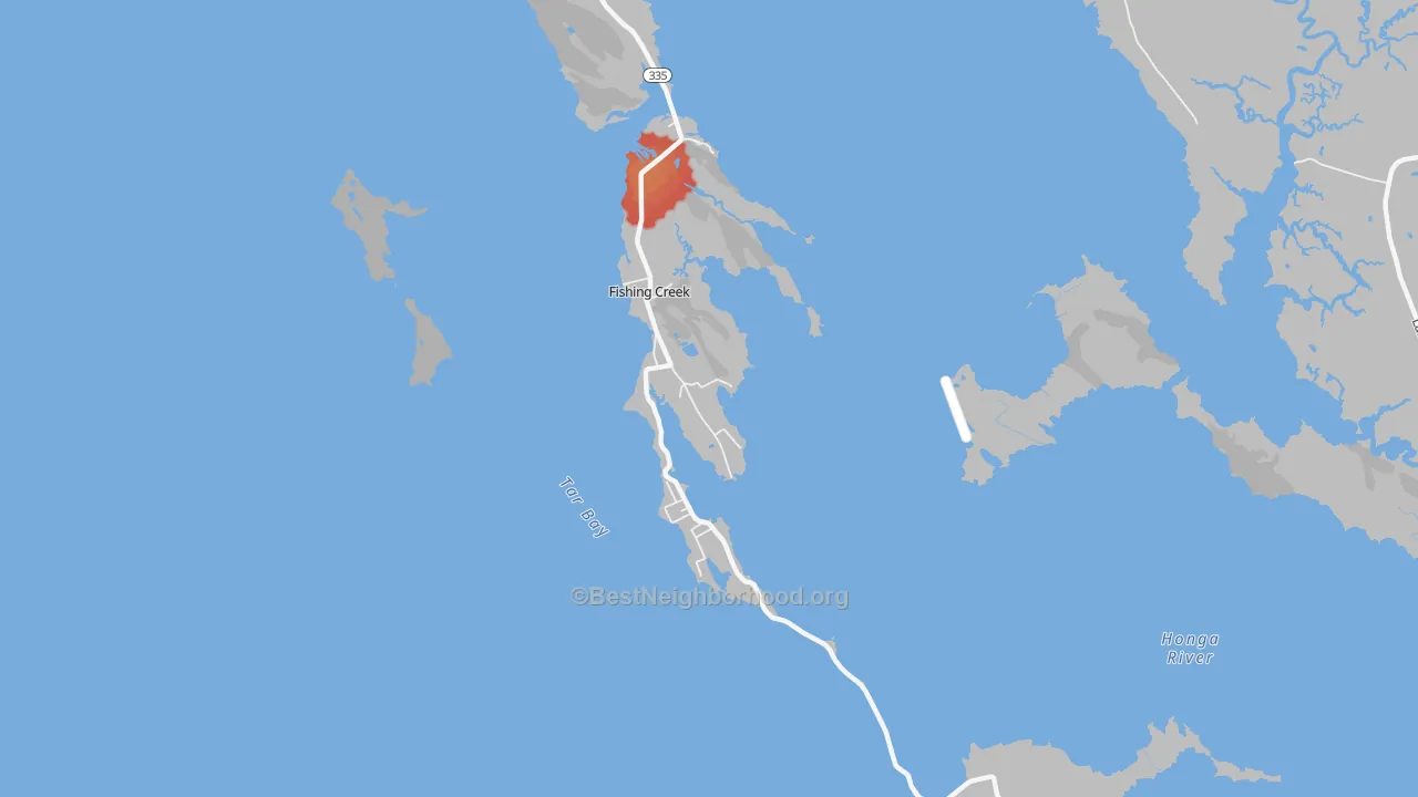 Walk Grade map of Fishing Creek, MD, walkable areas in green and car-dependent areas in red