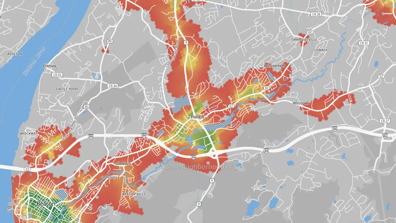 Walk Grade map of Fishkill, NY, walkable areas in green and car-dependent areas in red
