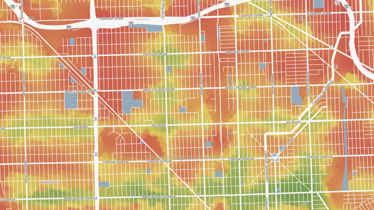 Walk Grade map of Fishkorn, Detroit, MI, walkable areas in green and car-dependent areas in red