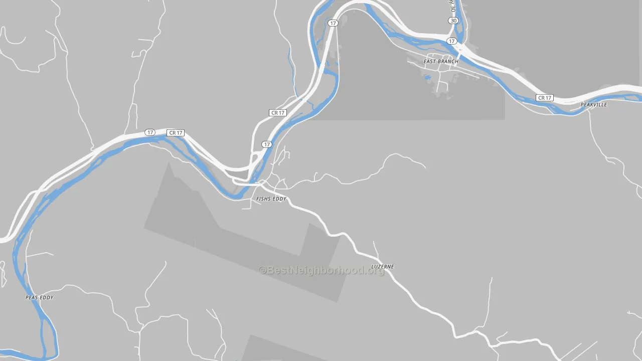 Walk Grade map of Fishs Eddy, NY, walkable areas in green and car-dependent areas in red