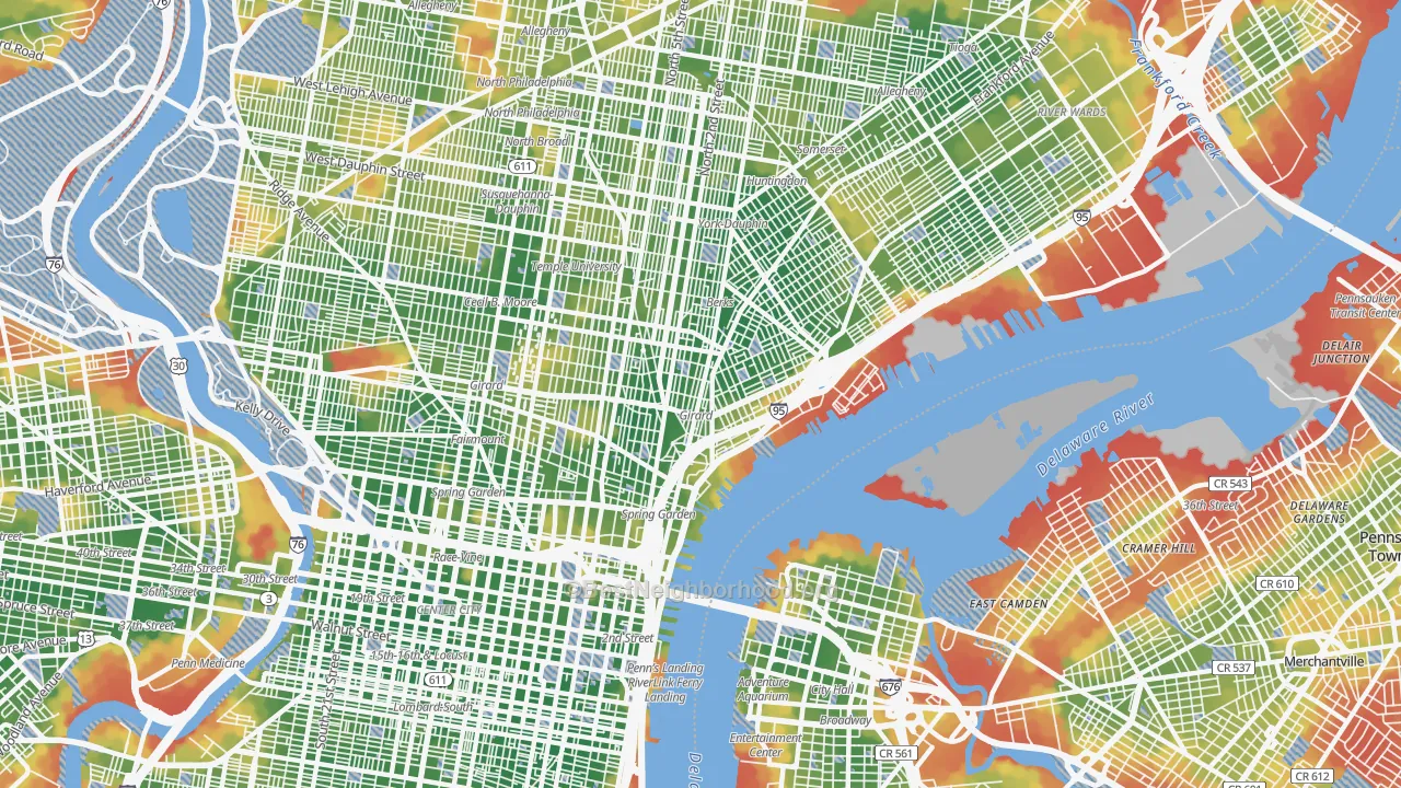 Walk Grade map of Fishtown, Philadelphia, PA, walkable areas in green and car-dependent areas in red