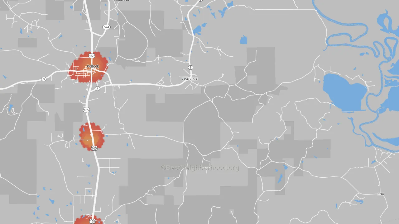 Walk Grade map of Fishville, LA, walkable areas in green and car-dependent areas in red