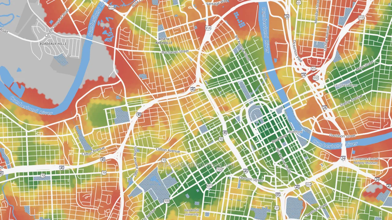 Walk Grade map of Fisk-Meharry, Nashville, TN, walkable areas in green and car-dependent areas in red