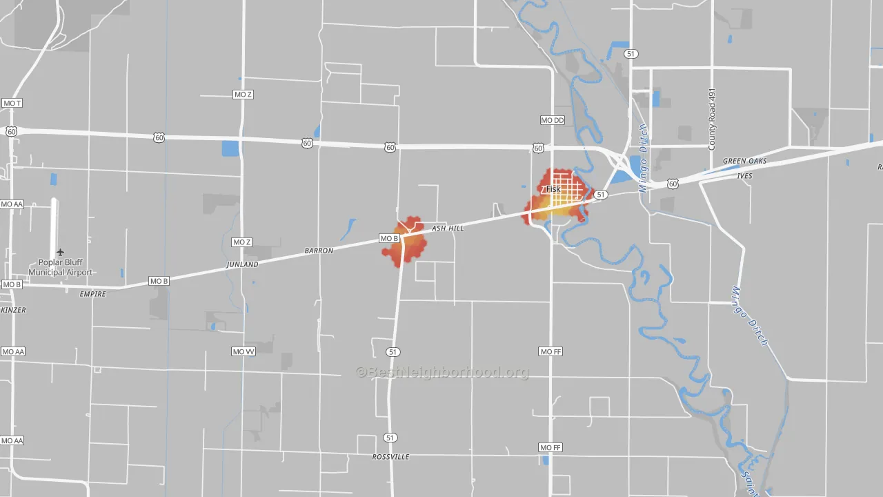 Walk Grade map of Fisk, MO, walkable areas in green and car-dependent areas in red