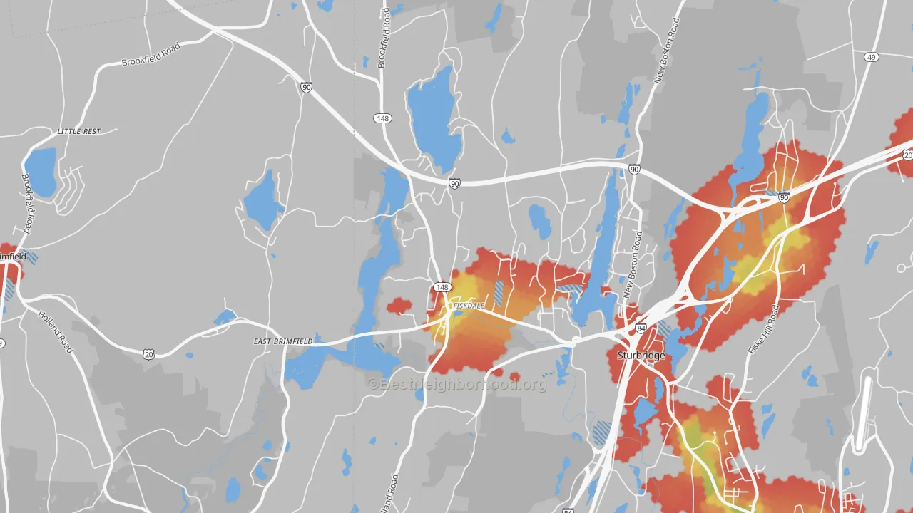 Walk Grade map of Fiskdale, MA, walkable areas in green and car-dependent areas in red