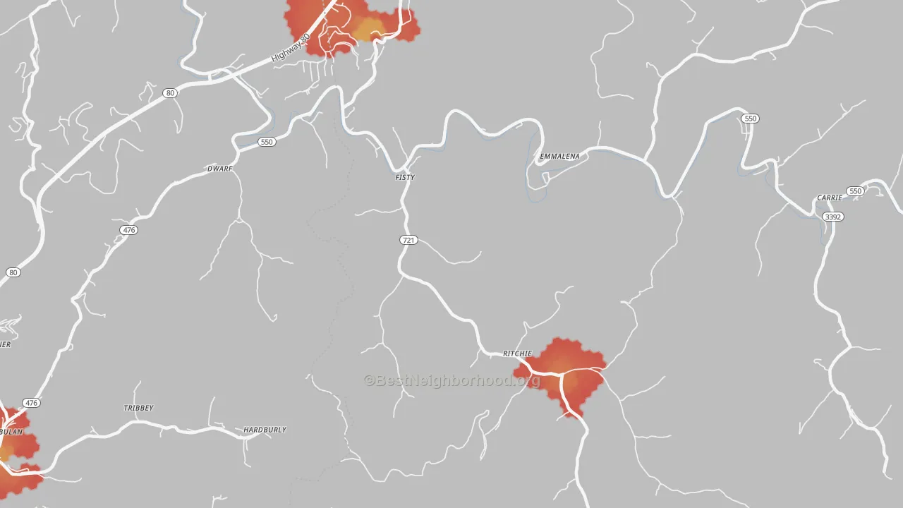 Walk Grade map of Fisty, KY, walkable areas in green and car-dependent areas in red