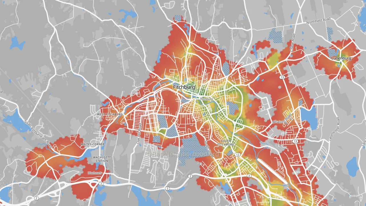 Walk Grade map of Fitchburg, MA, walkable areas in green and car-dependent areas in red
