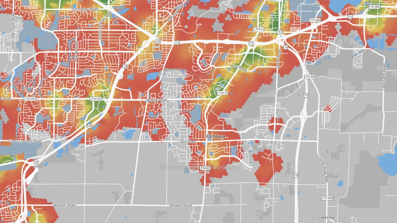 Walk Grade map of Fitchburg, WI, walkable areas in green and car-dependent areas in red