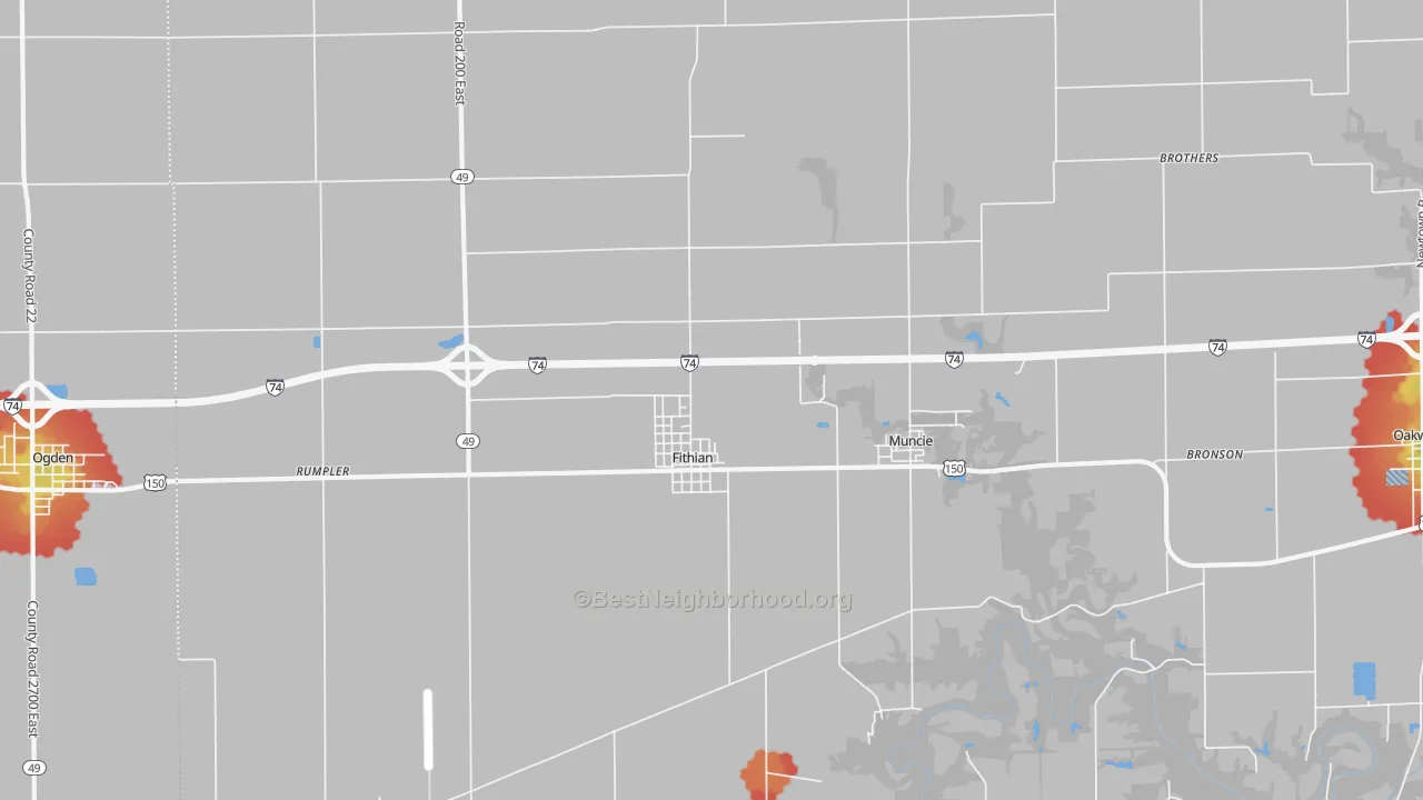 Walk Grade map of Fithian, IL, walkable areas in green and car-dependent areas in red