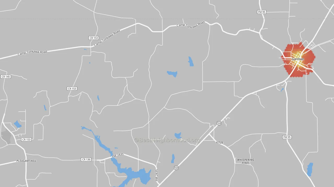 Walk Grade map of Fitze, TX, walkable areas in green and car-dependent areas in red