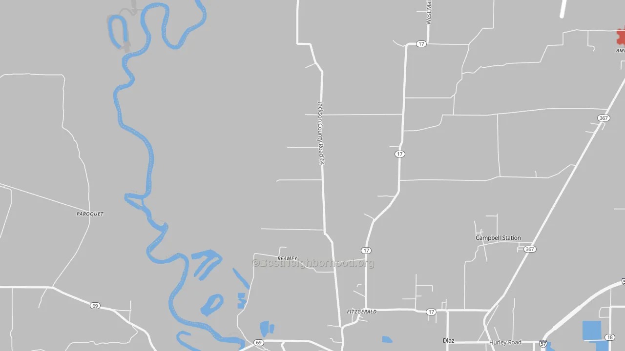 Walk Grade map of Fitzgerald, AR, walkable areas in green and car-dependent areas in red