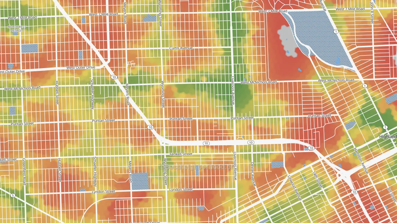 Walk Grade map of Fitzgerald, Detroit, MI, walkable areas in green and car-dependent areas in red