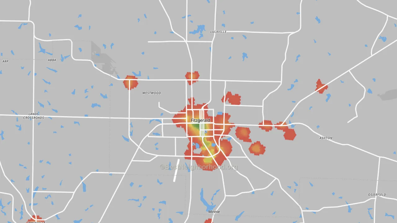Walk Grade map of Fitzgerald, GA, walkable areas in green and car-dependent areas in red