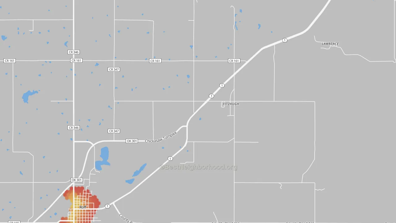 Walk Grade map of Fitzhugh, OK, walkable areas in green and car-dependent areas in red