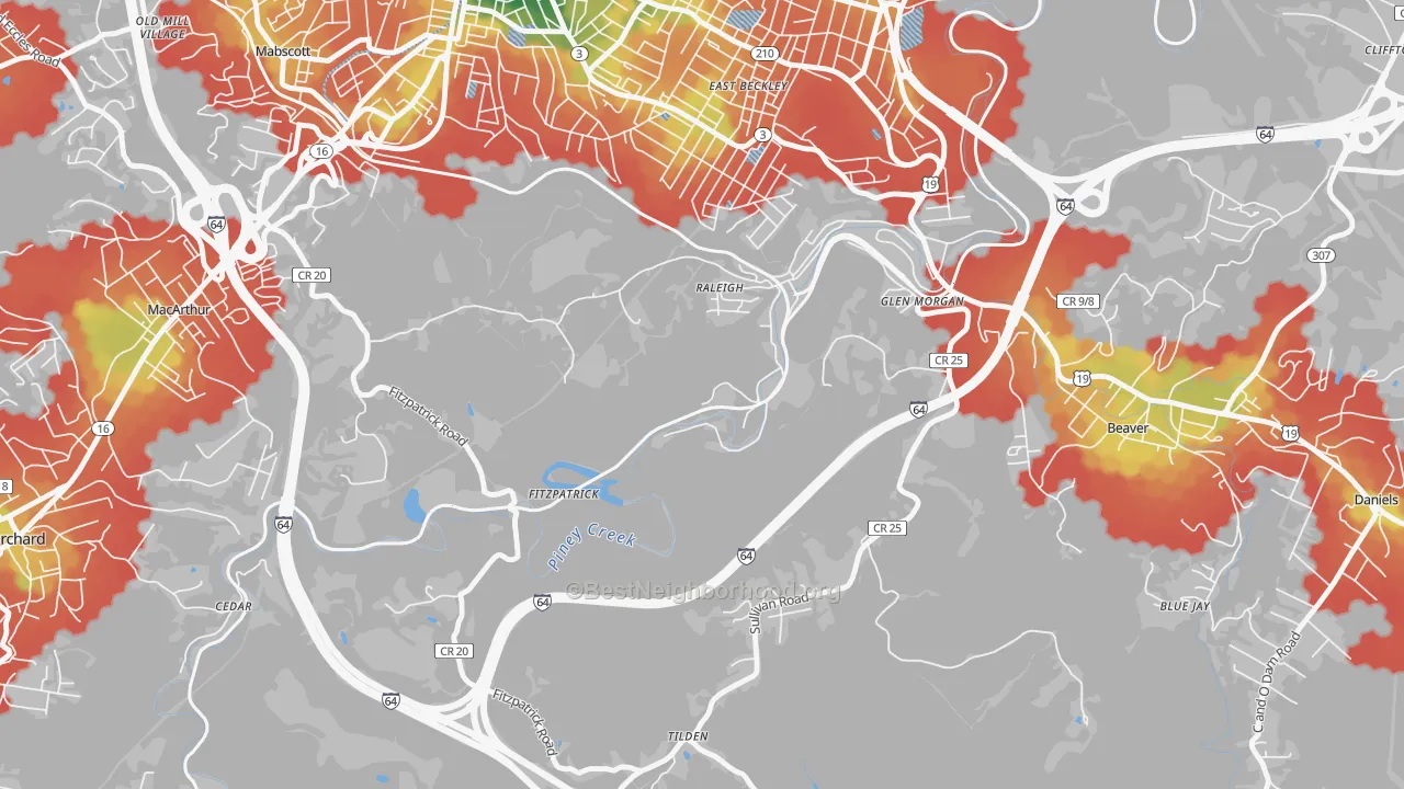 Walk Grade map of Fitzpatrick, WV, walkable areas in green and car-dependent areas in red