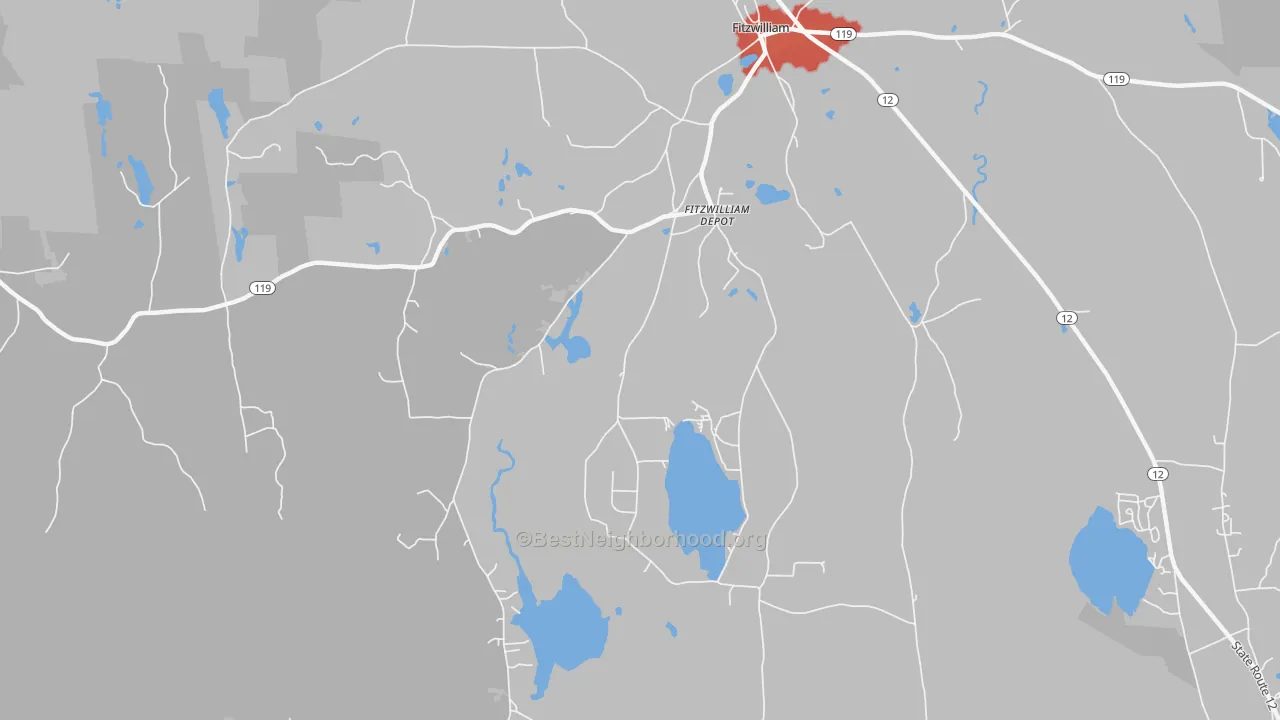 Walk Grade map of Fitzwilliam Depot, NH, walkable areas in green and car-dependent areas in red