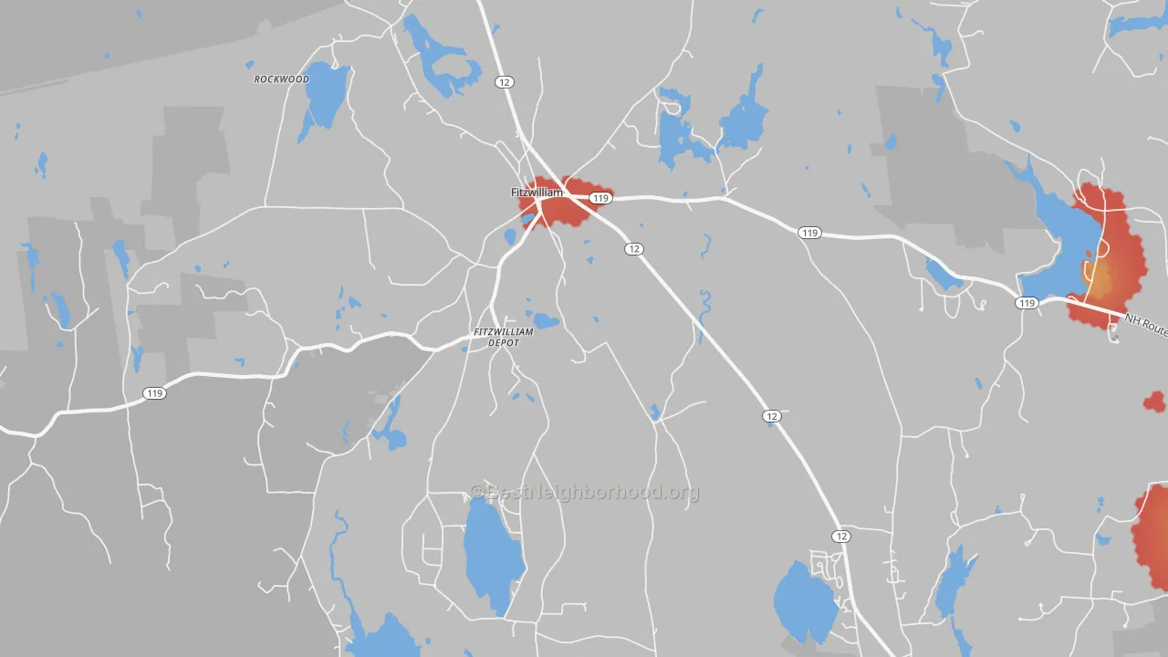 Walk Grade map of Fitzwilliam, NH, walkable areas in green and car-dependent areas in red