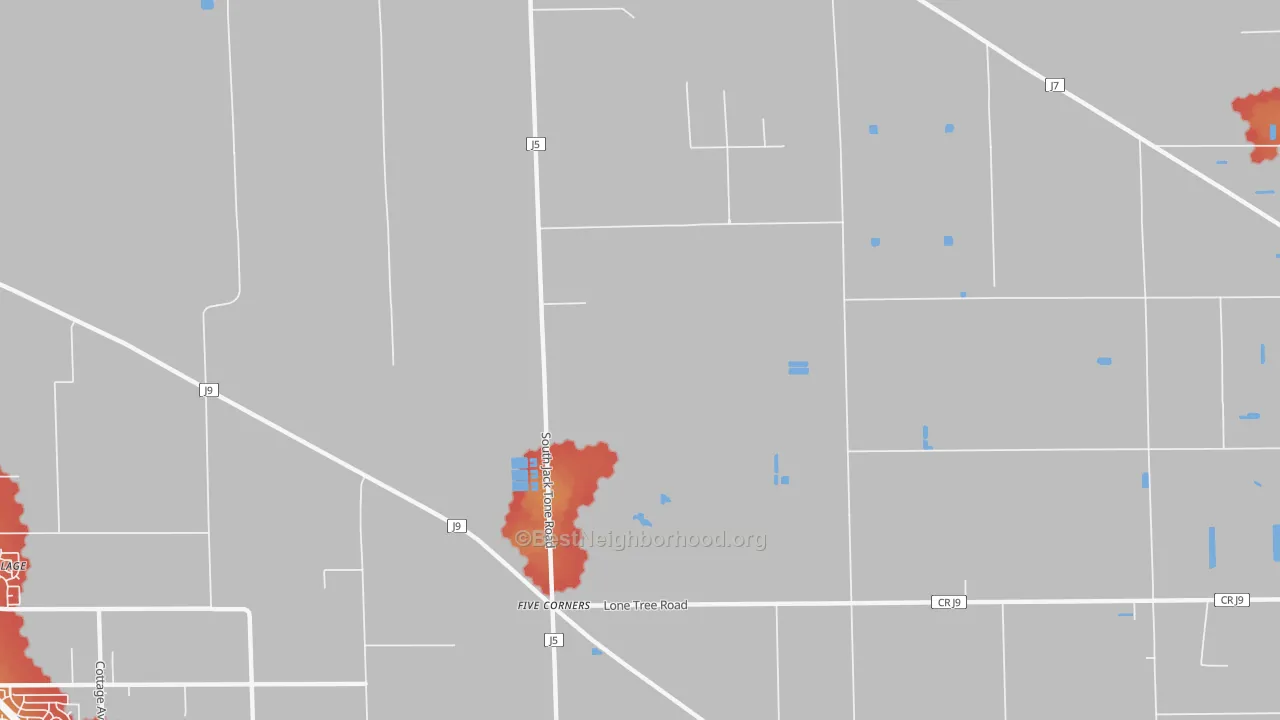 Walk Grade map of Five Corners, CA, walkable areas in green and car-dependent areas in red