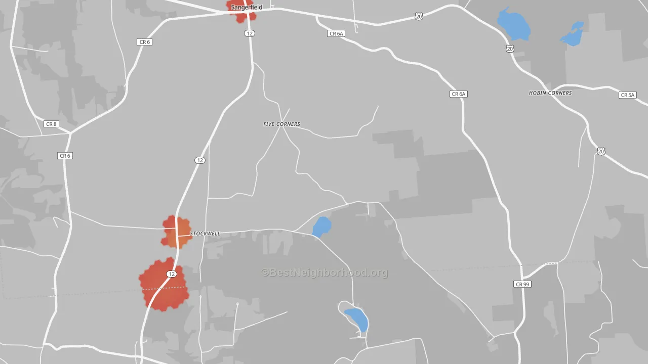 Walk Grade map of Five Corners, NY, walkable areas in green and car-dependent areas in red
