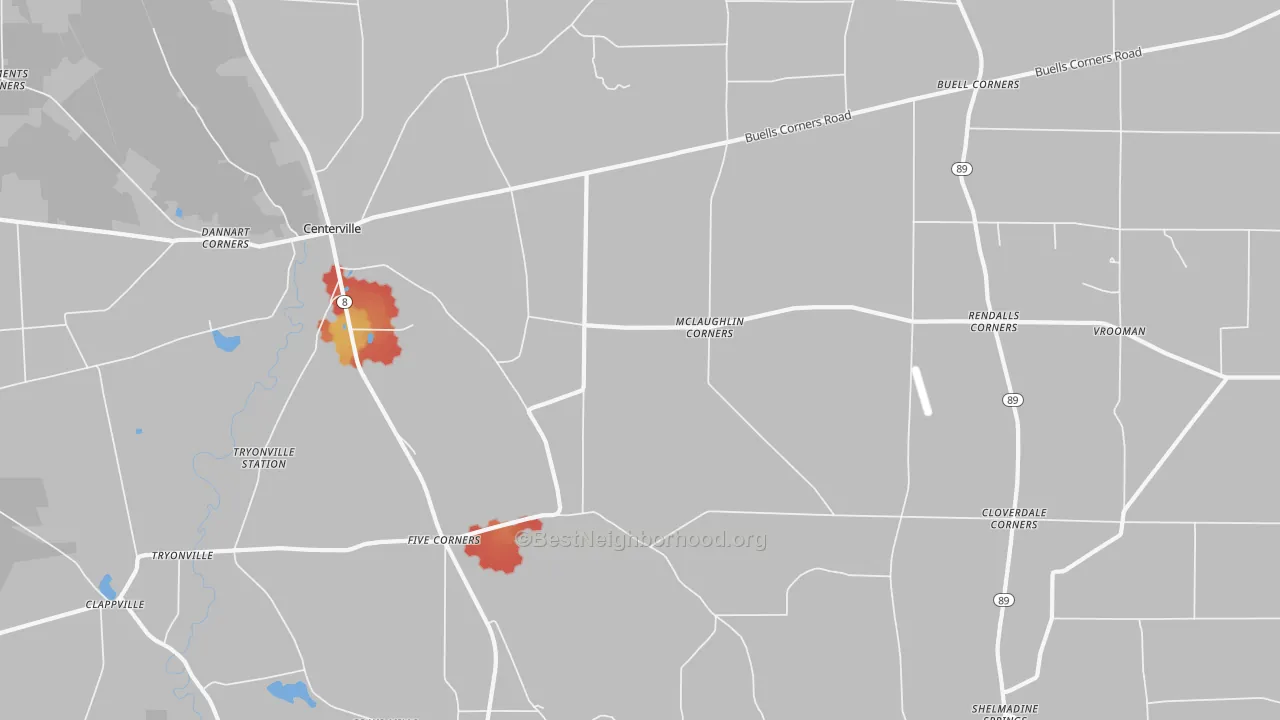 Walk Grade map of Five Corners, PA, walkable areas in green and car-dependent areas in red