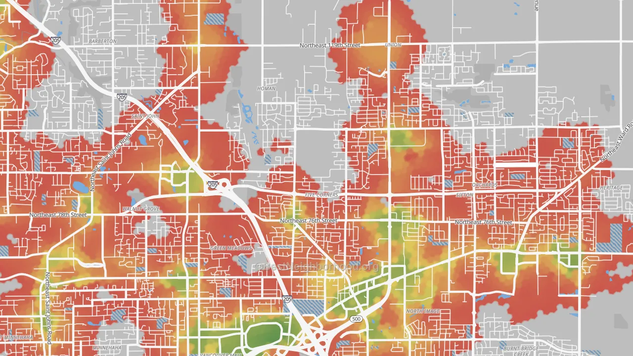 Walk Grade map of Five Corners, WA, walkable areas in green and car-dependent areas in red