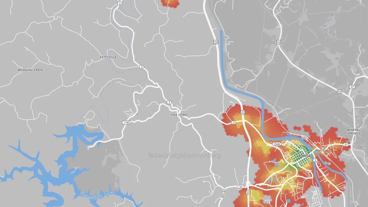 Walk Grade map of Five Forks, KY, walkable areas in green and car-dependent areas in red
