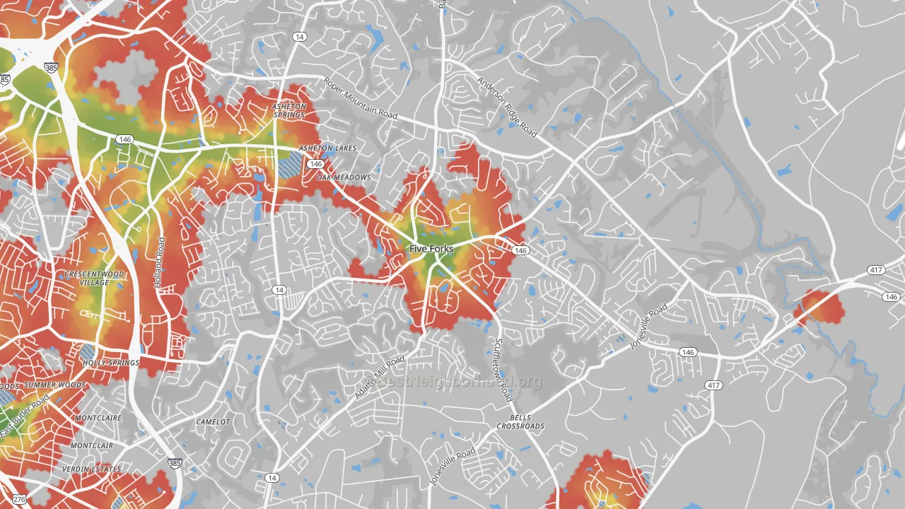 Walk Grade map of Five Forks, SC, walkable areas in green and car-dependent areas in red