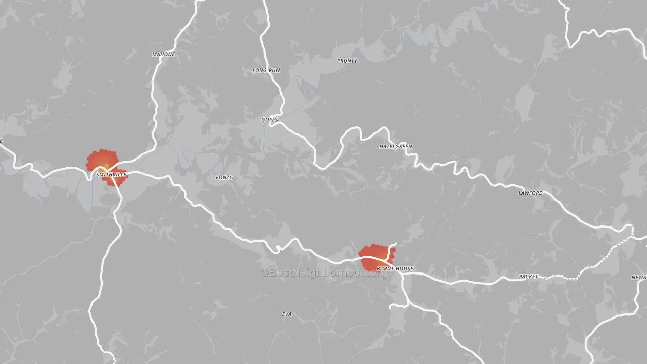Walk Grade map of Five Forks, WV, walkable areas in green and car-dependent areas in red