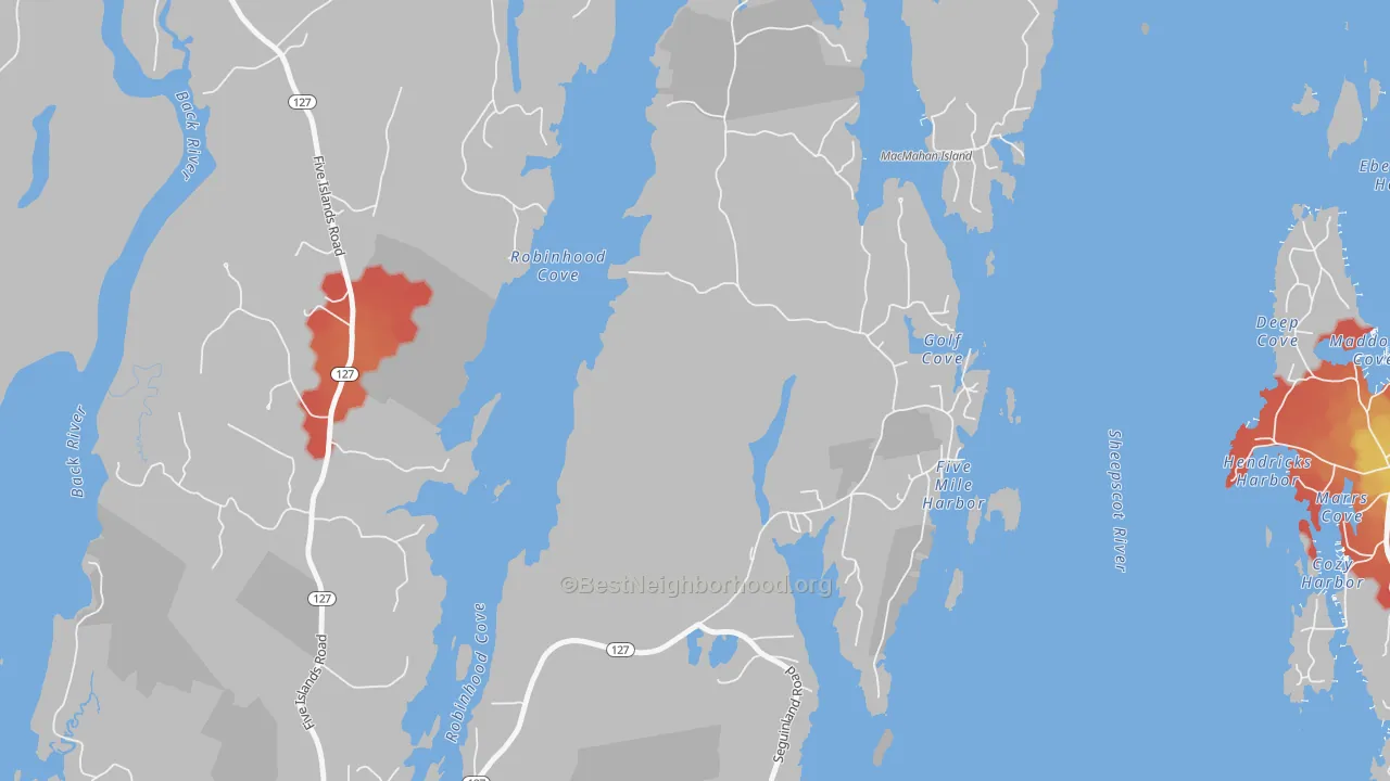 Walk Grade map of Five Islands, ME, walkable areas in green and car-dependent areas in red