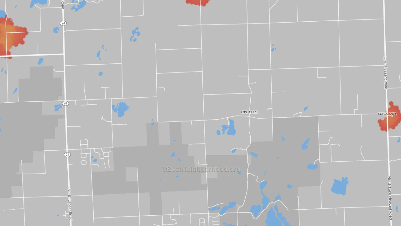 Walk Grade map of Five Lakes, MI, walkable areas in green and car-dependent areas in red