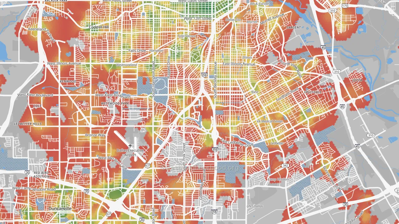 Walk Grade map of Five Mile Creek, Dallas, TX, walkable areas in green and car-dependent areas in red