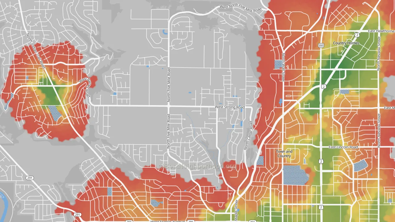 Walk Grade map of Five Mile Prairie, Spokane, WA, walkable areas in green and car-dependent areas in red