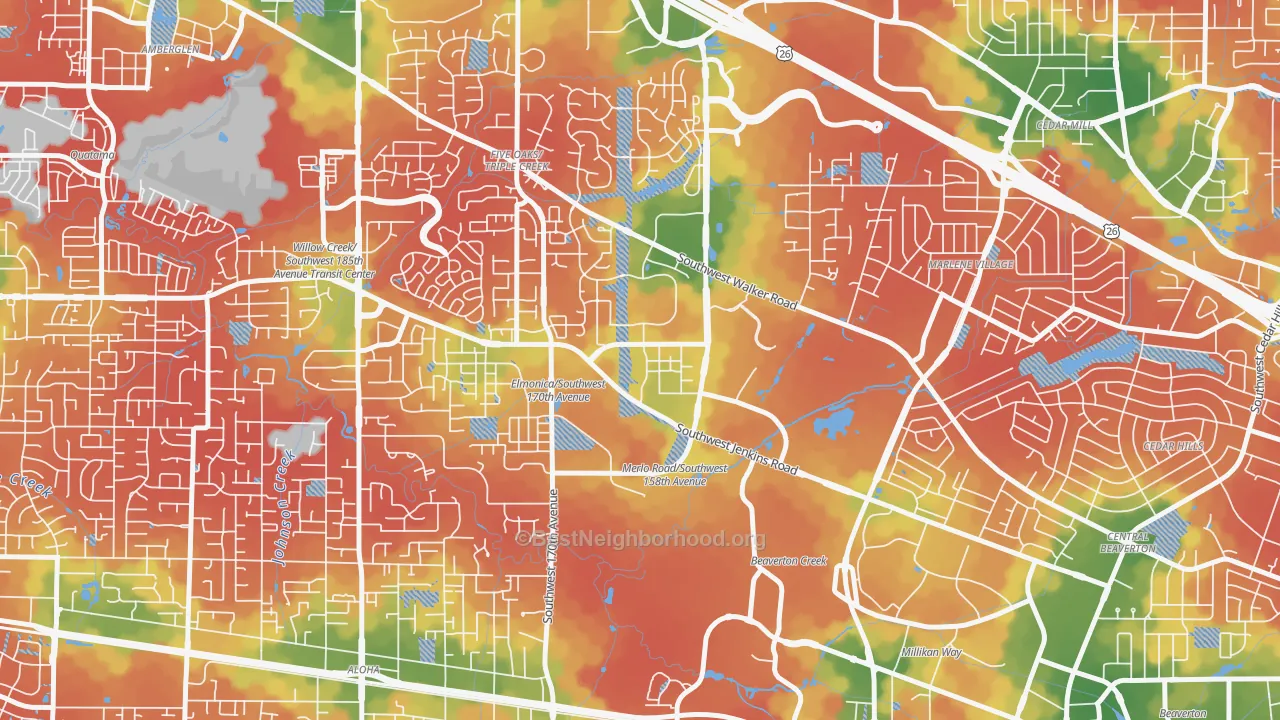 Walk Grade map of Five Oaks, Beaverton, OR, walkable areas in green and car-dependent areas in red