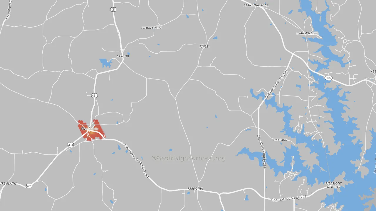 Walk Grade map of Five Points, AL, walkable areas in green and car-dependent areas in red