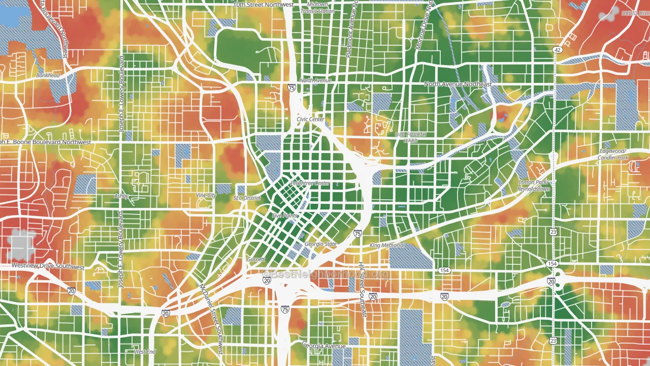 Walk Grade map of Five Points, Atlanta, GA, walkable areas in green and car-dependent areas in red