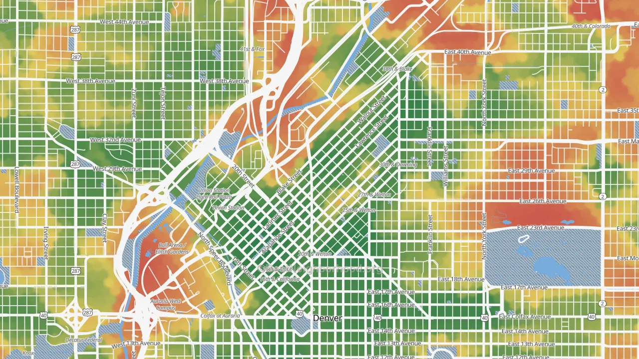Walk Grade map of Five Points, Denver, CO, walkable areas in green and car-dependent areas in red